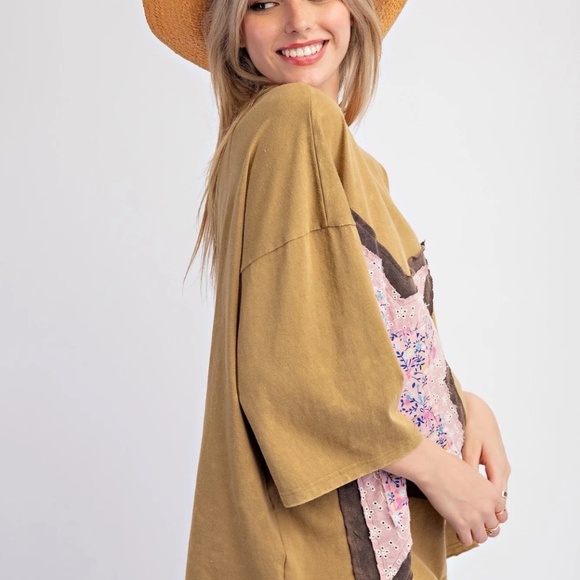 New Easel Star Top Women's Olive Patchwork Boho Shirt Top Pullover Plus Size - Picture 4 of 12